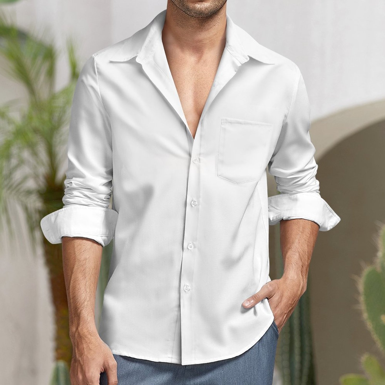 Faux Linen Men Long Sleeve Shirt with Pocket(All-Over Printing) - Image 2