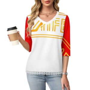 200gsm Lace Trim V-Neck 3/4 Sleeve T-Shirt(All-Over Printing)